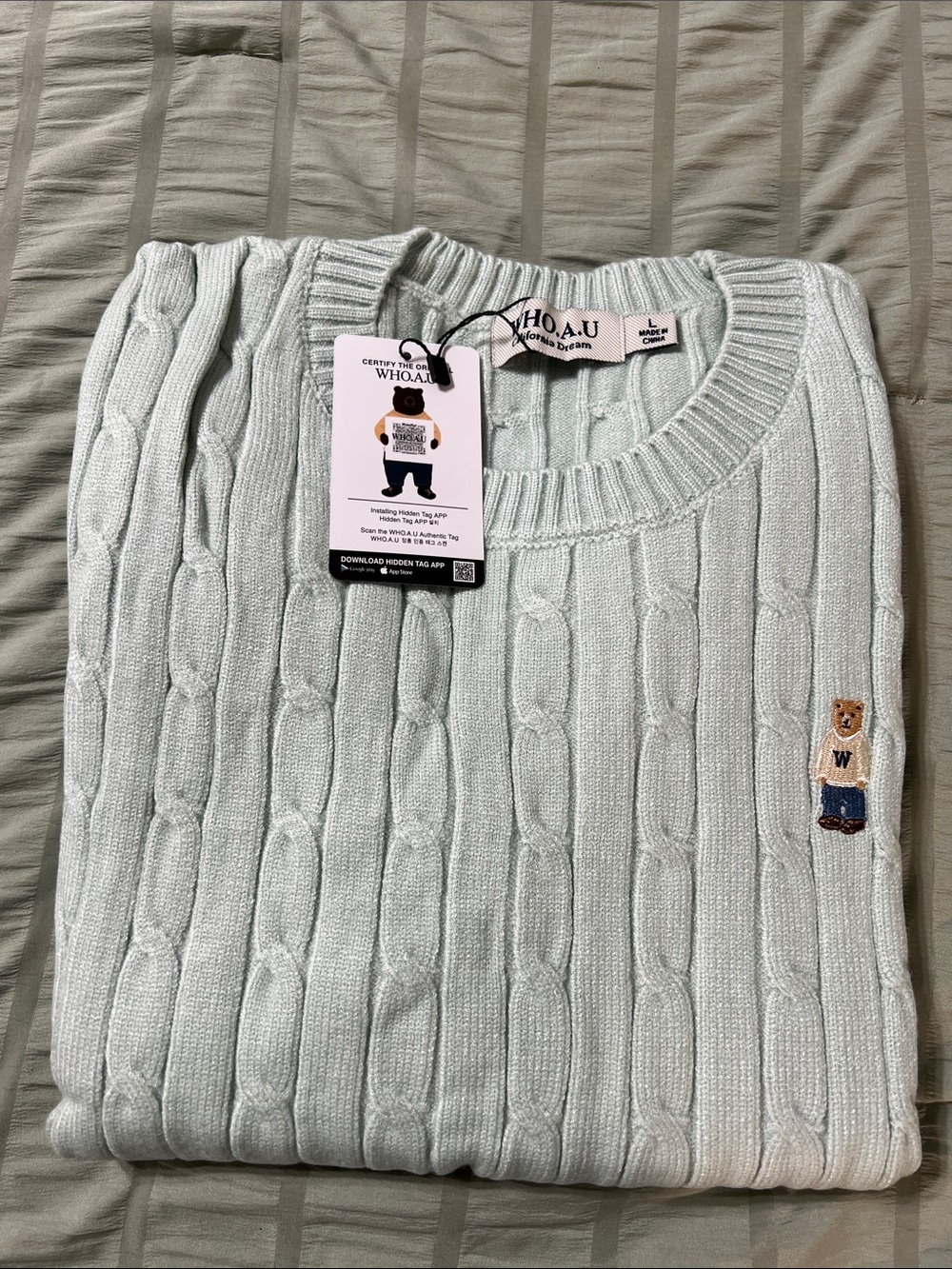 WHO.A.U Women's Cable Knit Crewneck Sweater in Light Mint